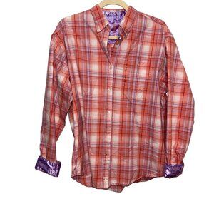 Classic Twenties Womens Plaid Button-Up Shirt Orange/Purple L 96% Cotton